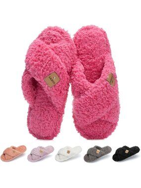 Women's Rose Red Cozy Cross Band Indoor and Outdoor Fuzzy Open Toe Slipper Shoes